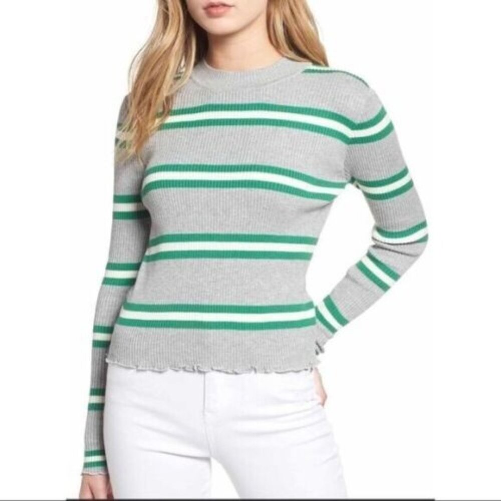BP Long Sleeve Ribbed Striped Sweater with Lettuce Edge